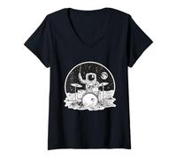Mujer Astronauta Baterista Música Espacial Beat Cosmic Rhythm Camiseta Cuello V