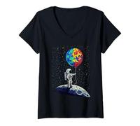 Mujer Astronauta de conciencia sobre el autismo con rompecabezas globo espacial niño niño Camiseta Cuello V