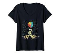 Mujer Astronauta de conciencia sobre el autismo con rompecabezas globo espacial niño niño Camiseta Cuello V