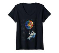 Mujer Astronauta de conciencia sobre el autismo con rompecabezas globo espacial niño niño Camiseta Cuello V