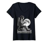 Mujer Astronauta Dibujo Luna Sketch Espacio Artista Gráfico Camiseta Cuello V