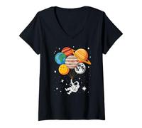Mujer Astronauta Divertido Sosteniendo Planeta Globos Astronomía Espacio Camiseta Cuello V