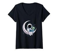 Mujer Astronauta Lectura Libro A Alien Luna Astronomía Espacial Camiseta Cuello V