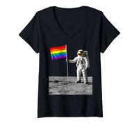 Mujer Astronauta Luna Landing Bandera del Orgullo Gay Divertida Historia Retro Camiseta Cuello V