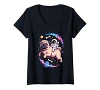 Mujer Astronauta Montando Pug Espacial Con Huesos Y Planetas Camiseta Cuello V