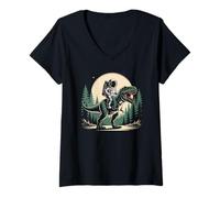 Mujer Astronauta Montando T-Rex Dinosaurio Espacio Luna Galaxia Hombres Mujeres Camiseta Cuello V