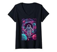 Mujer Astronauta Nave Espacial Arte Cósmico Galaxia Planetas Estrellas Luna Camiseta Cuello V