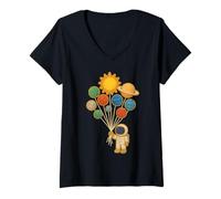 Mujer Astronauta Sosteniendo Planeta Globos Espacio de Ciencia del Sistema Solar Camiseta Cuello V