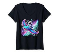 Mujer Astronauta Volando a través de Galaxia en Rayo Espacial cósmico Camiseta Cuello V