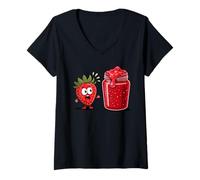Mujer Asustado Fresa Mermelada Fresas Camiseta Cuello V