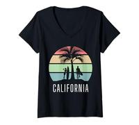 Mujer Atardecer de Playa de California de Estilo Vintage con Mujeres surfistas Camiseta Cuello V