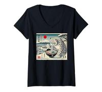 Mujer Atardecer japonés monte Fuji sello postal fideos lince ramen Camiseta Cuello V