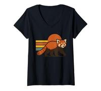 Mujer Atardecer Panda Rojo Retro Vintage Camiseta Cuello V