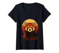 Mujer Atardecer Panda Rojo Retro Vintage Camiseta Cuello V