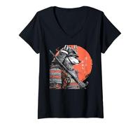 Mujer Atardecer Samurai Lobo Guerrero Japonés Ukiyo-e Estilo Camiseta Cuello V