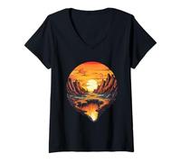 Mujer Atardecer sobre Montaña Reflexiones Arte Camiseta Cuello V