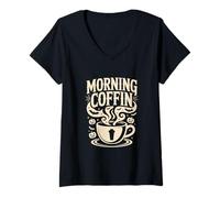 Mujer Ataúd de la mañana Amante del café Divertido Halloween Camiseta Cuello V