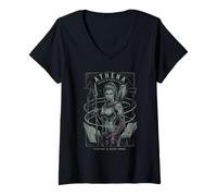 Mujer Atenea con Búho y Lanza Sabiduría Antigua y Arte Estratégico Camiseta Cuello V