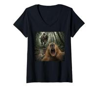 Mujer Aterrorizado Capibara Selfie con T Rex Dinosaur Funny Meme Camiseta Cuello V