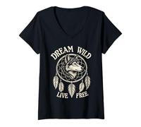 Mujer Atrapasueños Boho Estilo Nativo Americano Lobo Spirit Animal Camiseta Cuello V