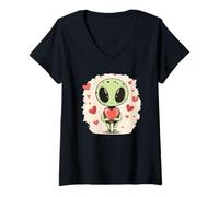 Mujer Atuendo alienígena de San Valentín besándose para los amantes de los ovnis y el espacio Camiseta Cuello V