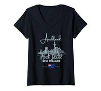 Mujer Auckland Nueva Zelanda Isla Norte Paisaje Urbano Skyline Bandera Camiseta Cuello V