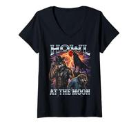 Mujer Aullido En La Luna Cowboy Hombres Lobo Camiseta Cuello V