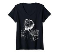 Mujer Auriculares Anime Girl Camiseta Cuello V