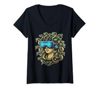 Mujer Auriculares Cyberpunk Medusa VR Divertidos de mitología Griega, Arte Gamer Camiseta Cuello V