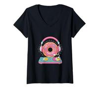 Mujer Auriculares Dj Food Rosquilla Música Camiseta Cuello V
