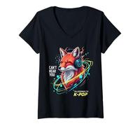 Mujer Auriculares Fox para Amantes de la música K-Pop, Divertidos Camiseta Cuello V