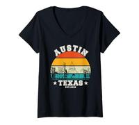 Mujer Austin Texas Skyline Retro Atardecer Camiseta Cuello V