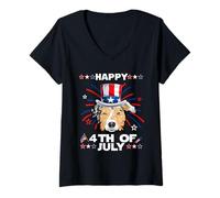 Mujer Australian Shepherd Dog Patriotic American 4th of July Camiseta Cuello V