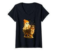 Mujer Australian Shepherd Halloween Ghost Walking Dog Camiseta Cuello V