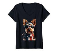 Mujer Australian Terrier Dog 4 de julio Día de la Independencia Americana Camiseta Cuello V