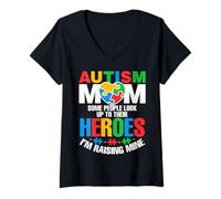 Mujer Autism Mom Raising Hero Groovy Messy Bun Autism Awareness Camiseta Cuello V