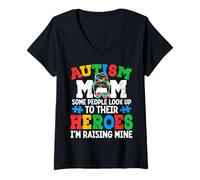 Mujer Autism Mom Raising Hero Groovy Messy Bun Autism Awareness Camiseta Cuello V