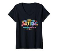 Mujer Autism Not Less Love Rainbow Handprints Sun Clouds Camiseta Cuello V