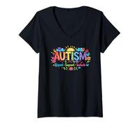 Mujer Autism Respect Include Love Rainbow Handprints Sun Clouds Camiseta Cuello V
