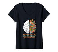Mujer Autismo Aceptación Mentes Florecen Diferentemente Retro Flor Cerebro Camiseta Cuello V