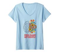 Mujer Autismo Aceptación Mentes Florecen Diferentemente Retro Floral Cerebro Camiseta Cuello V