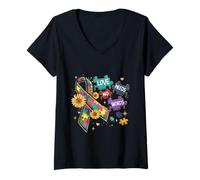 Mujer Autismo Love Needs No Words, Puzzle Ribbon & Sunflowers Camiseta Cuello V