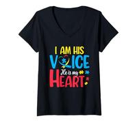 Mujer Autismo Mamá Soy Su Voz Él Es Mi Corazón Conciencia del Autismo Camiseta Cuello V