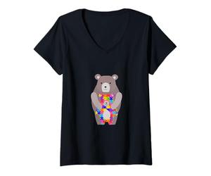 Mujer Autista mamá Oso Lindo Autismo Conciencia Rompecabezas Camiseta Cuello V