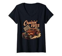 Mujer Auto clásico Retro Hot Road Cruisin 1955 Camiseta Cuello V