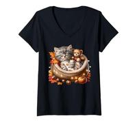 Mujer Autumn Cat Graphic For Kitten Mom and Cat Grandma Cute Fall Camiseta Cuello V