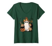 Mujer Autumn Floral Ghost and Black Cat Design. Woman Fall Camiseta Cuello V