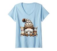 Mujer Autumn GNOME For Cold Sweater Weather with Hot Cocoa Mug Camiseta Cuello V