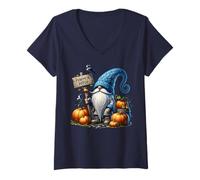 Mujer Autumn GNOME with Pumpkin Patch Sign and Crows Fall Vibes Camiseta Cuello V
