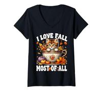 Mujer Autumn Leaves and Kitten For Cat Mom I Love Fall Most of All Camiseta Cuello V